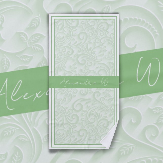 Elegant Light Olive Floral Damask Monogram Name Beach Towel (Creator Uploaded)