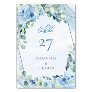 Elegant light pastel blue flowers sage eucalyptus table number