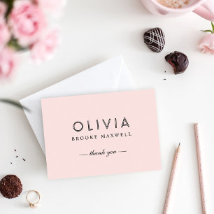 Elegant Light Pink Black Modern Name Monogram Thank You Card