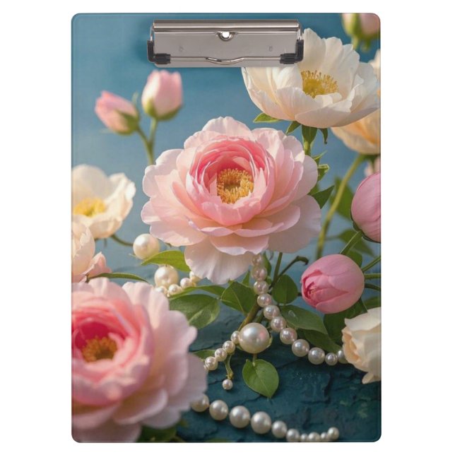 Elegant light pink blush flowers with pearls  clipboard (Front)
