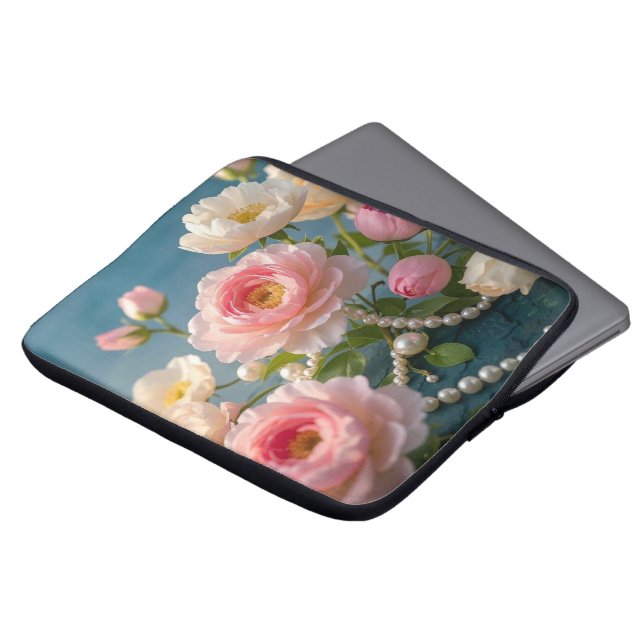 Elegant light pink blush flowers with pearls  laptop sleeve (Front Top)