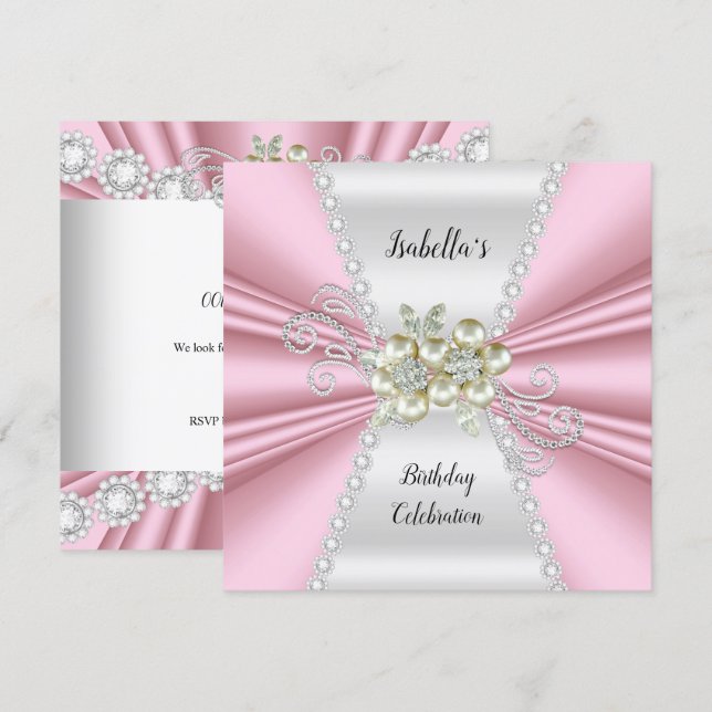 Elegant Light Pink Pearl White Diamond Birthday Invitation (Front/Back)