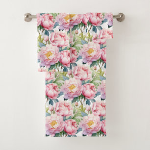 Elegant Light Pink Peonies Roses Floral Towel Set