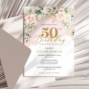 Elegant light pink roses green gold 50th birthday invitation