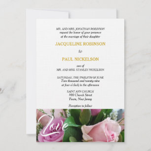 Elegant Light Pink Roses Love Gold White Invitation