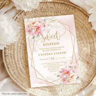 Elegant Light Pink Sage Gold Floral Sweet Sixteen Invitation