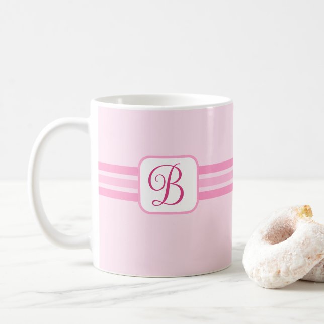 Elegant Light Pink Striped Fancy Initial Coffee Mug (With Donut)