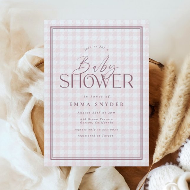Elegant Light Pink White Gingham Girl Baby Shower Invitation (Creator Uploaded)