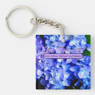 Elegant light purple blue magenta floral hydrangea key ring