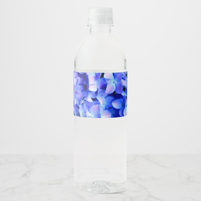 Elegant light purple blue magenta floral hydrangea water bottle label (Front)