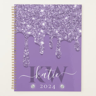 Elegant Light Purple Dripping Glitter Monogram Planner