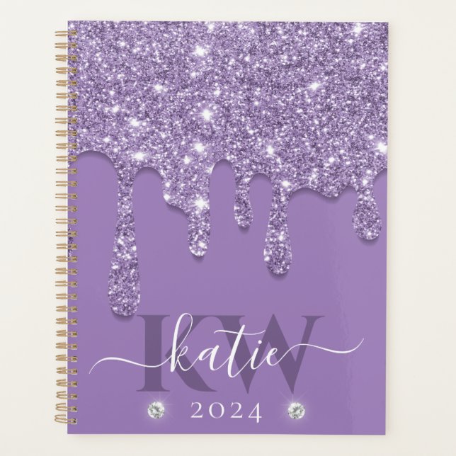 Elegant Light Purple Dripping Glitter Monogram Planner (Front)