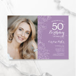 Elegant Light Purple Floral Photo 50th Birthday Invitation<br><div class="desc">Light purple floral 50th birthday party invitation with your photo on the front of the card. Elegant modern design featuring botanical outline drawings accents and typography script font. Simple trendy invite card perfect for a stylish female bday celebration. Can be customised to any age. Printed Zazzle invitations or instant download...</div>