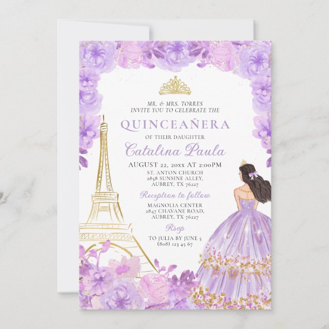 Elegant Light Purple Gold Tiara Paris Quinceañera Invitation (Front)