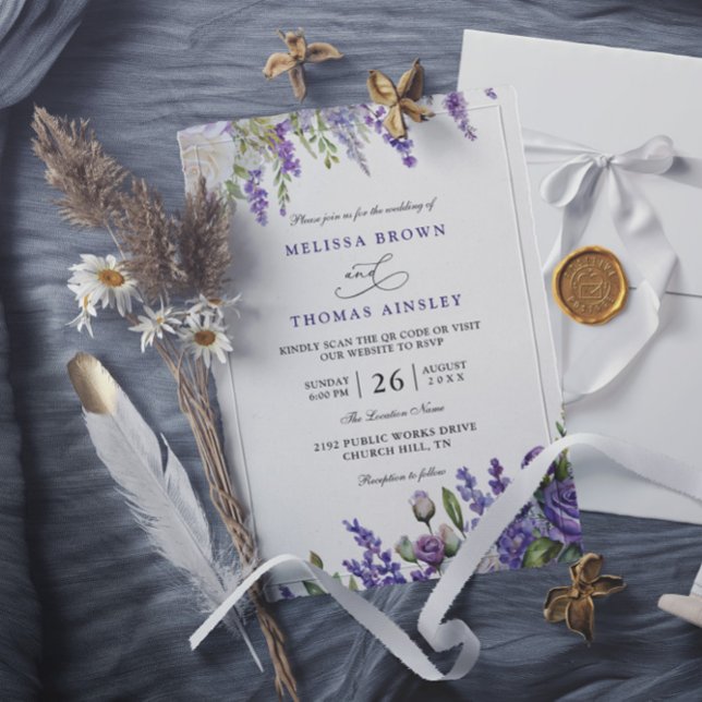 Elegant Light Purple Lavender QR Code Wedding Invitation (Creator Uploaded)