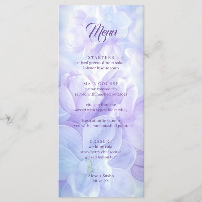 Elegant Light Purple Lilac Flowers Wedding Menu (Front)