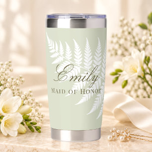 Elegant Light Sage Green White Fern Maid of Honour Insulated Tumbler