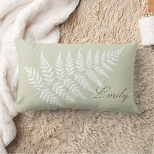 Elegant Light Sage Green White Fern Script Name Lumbar Cushion