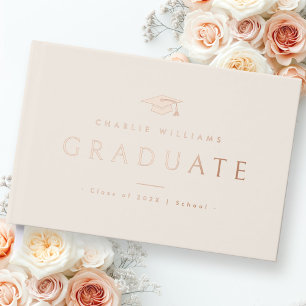 Elegant light tan brown graduation cap name real guest book
