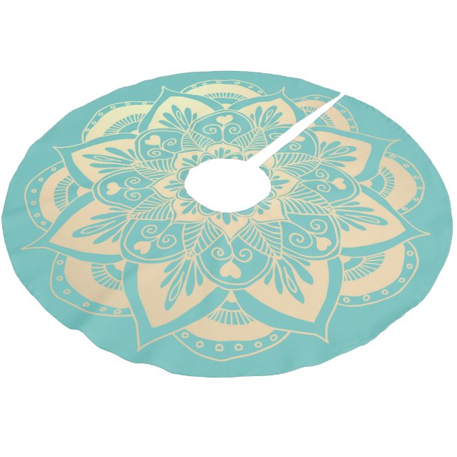 Elegant Light Teal and Gold Mandala Boho Christmas Brushed Polyester Tree Skirt (Angled)