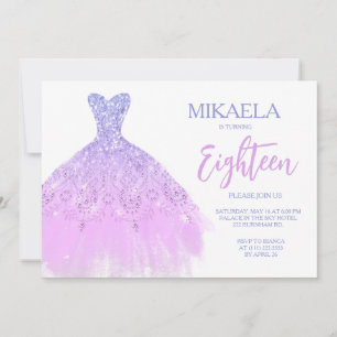 Elegant Lila Gown Glitter 18th Birthday Invitation