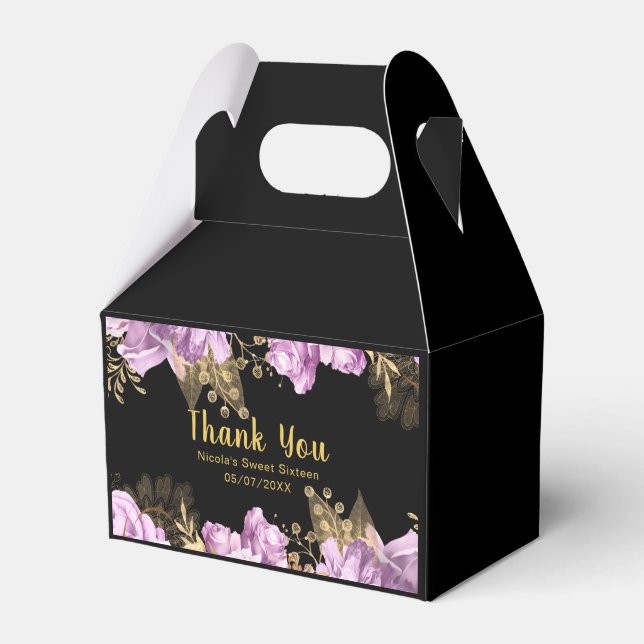Elegant Lilac and Gold Flowers Sweet Sixteen Favour Box (Front Side)
