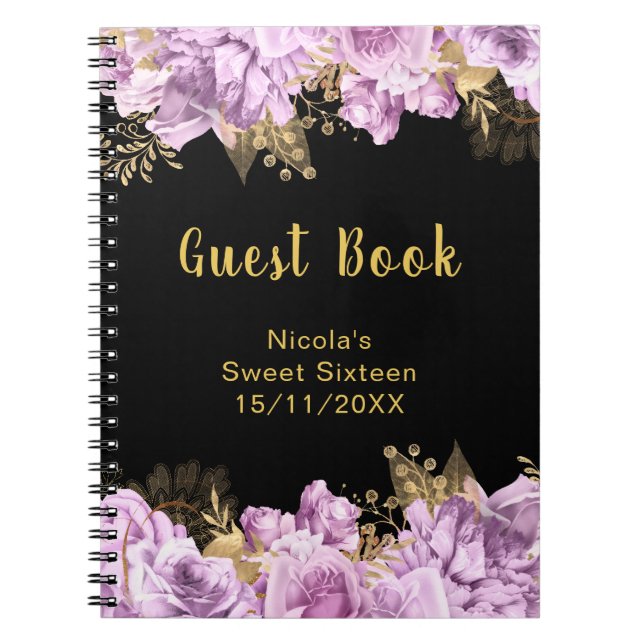Elegant Lilac and Gold Flowers Sweet Sixteen Notebook (Front)
