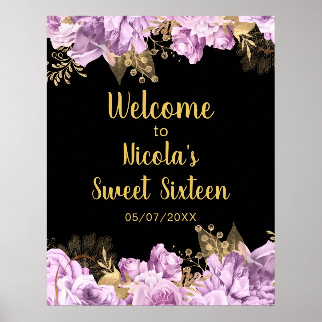 Elegant Lilac and Gold Flowers Sweet Sixteen  Poster (Front)