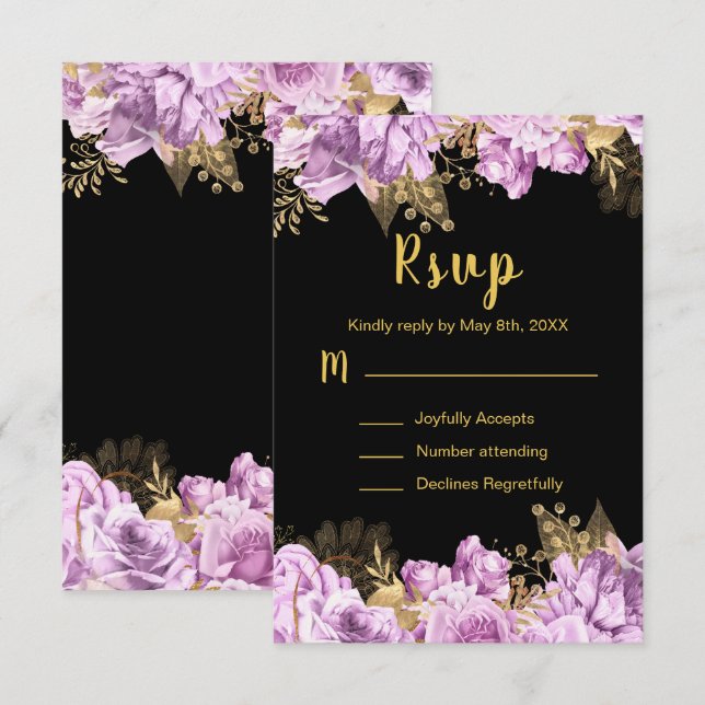 Elegant Lilac and Gold Flowers Sweet Sixteen RSVP Card (Front/Back)