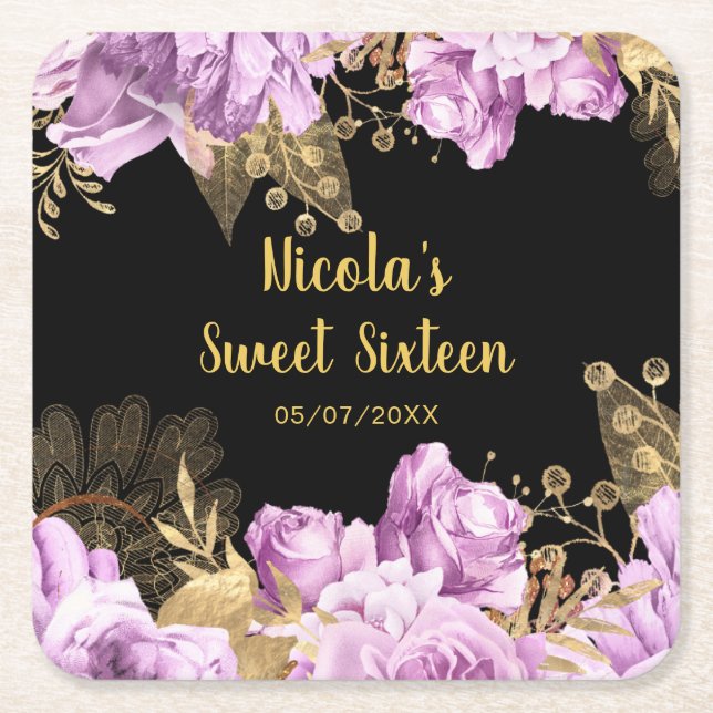 Elegant Lilac and Gold Flowers Sweet Sixteen Square Paper Coaster (Front)
