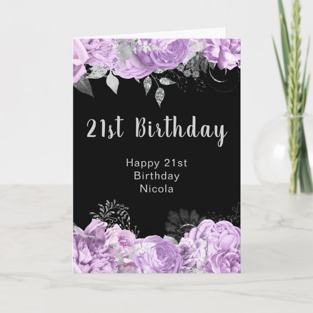 Elegant Lilac and Silver Flowers Birthday Party  Card (Front)