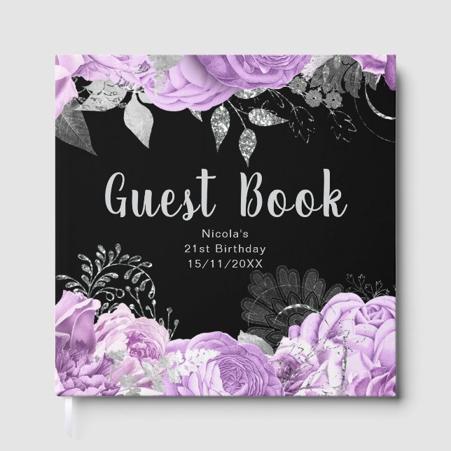 Elegant Lilac and Silver Flowers Birthday Party Guest Book (Front)