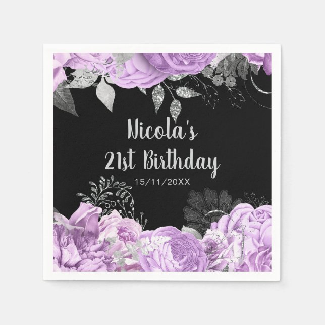 Elegant Lilac and Silver Flowers Birthday Party  Napkin (Front)