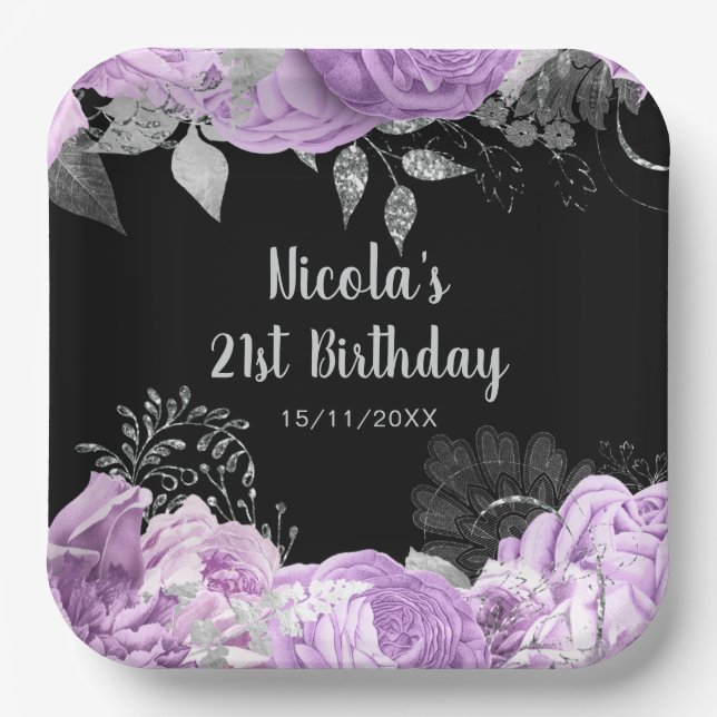 Elegant Lilac and Silver Flowers Birthday Party  Paper Plate (Front)