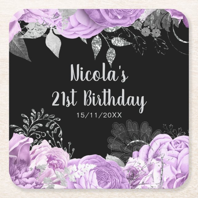 Elegant Lilac and Silver Flowers Birthday Party Square Paper Coaster (Front)