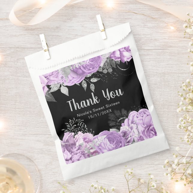 Elegant Lilac and Silver Flowers Sweet Sixteen Favour Bags (Clipped)