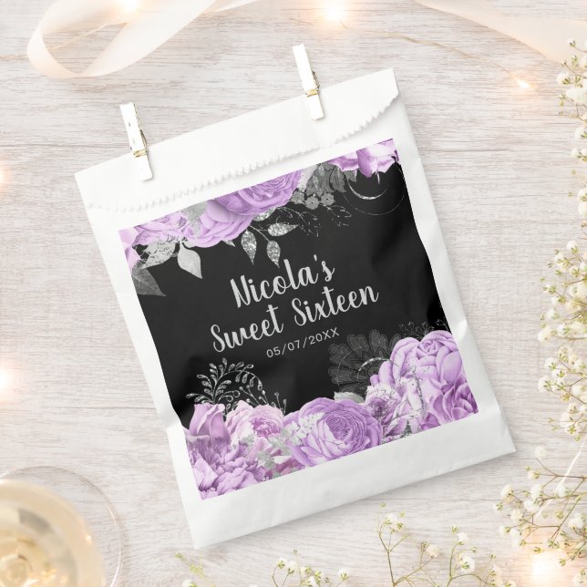 Elegant Lilac and Silver Flowers Sweet Sixteen Favour Bags (Clipped)