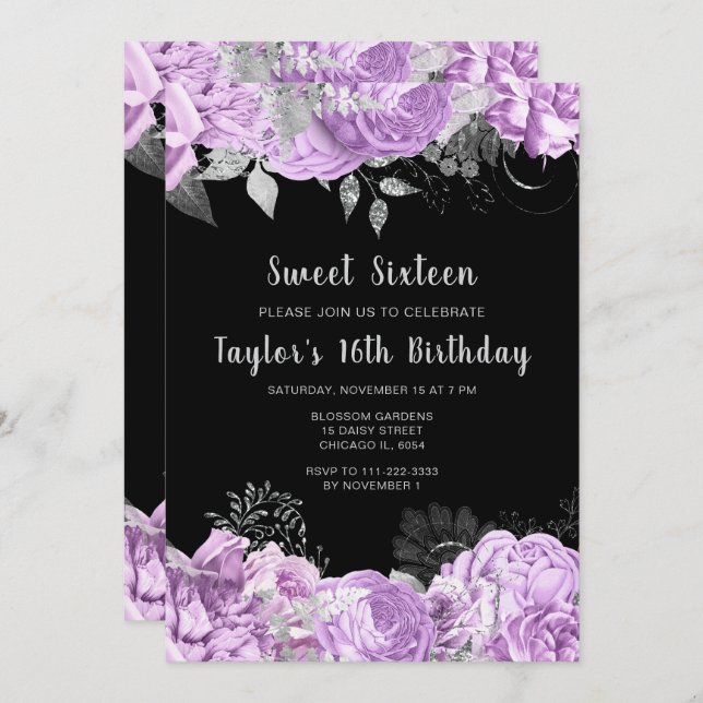 Elegant Lilac and Silver Flowers Sweet Sixteen Invitation (Front/Back)