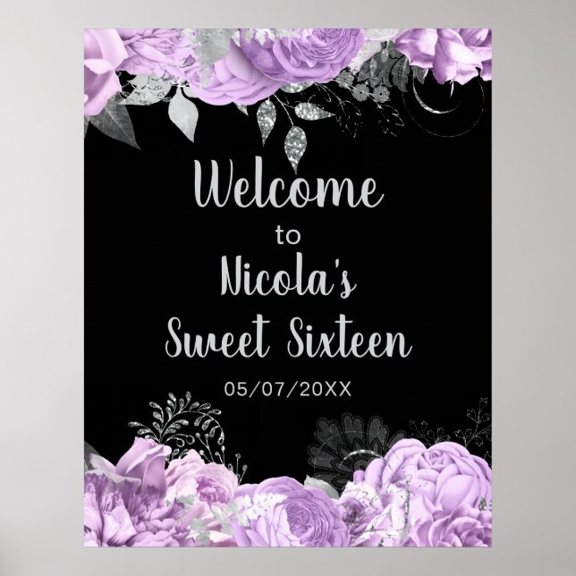 Elegant Lilac and Silver Flowers Sweet Sixteen Poster (Front)