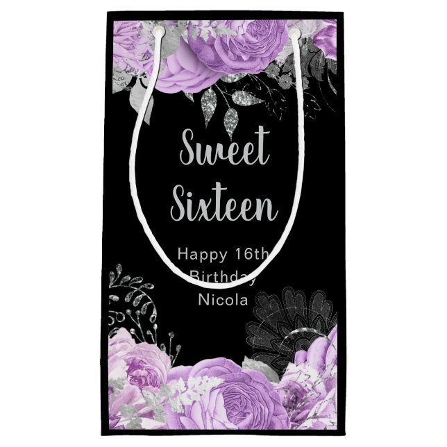 Elegant Lilac and Silver Flowers Sweet Sixteen Small Gift Bag (Front)