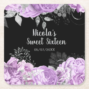 Elegant Lilac and Silver Flowers Sweet Sixteen Square Paper Coaster