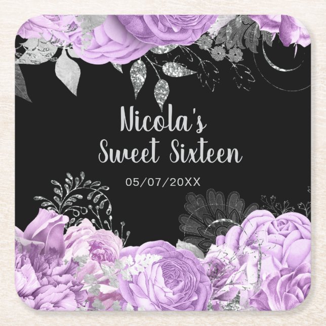 Elegant Lilac and Silver Flowers Sweet Sixteen Square Paper Coaster (Front)