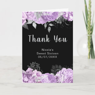 Elegant Lilac and Silver Flowers Sweet Sixteen Thank You Card