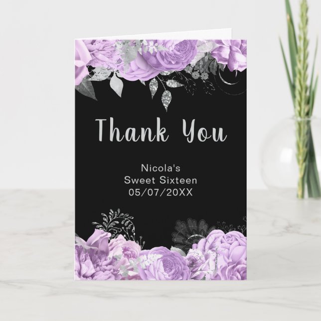 Elegant Lilac and Silver Flowers Sweet Sixteen Thank You Card (Front)