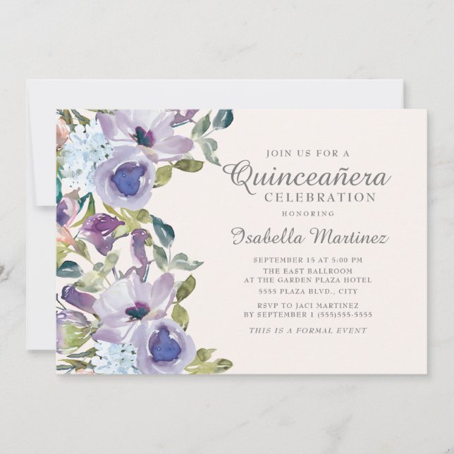 Elegant Lilac Blue Floral Horizontal Quinceañera Invitation (Front)