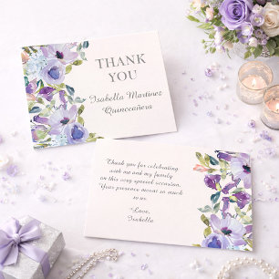 Elegant Lilac Blue Floral Horizontal Quinceañera Thank You Card