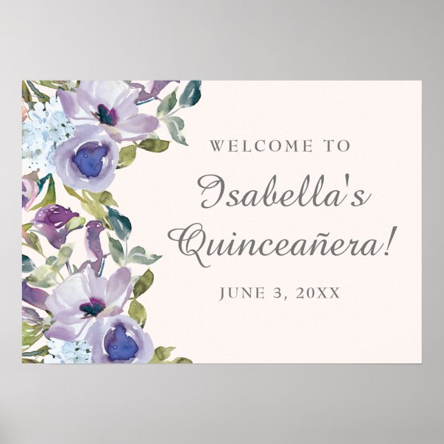 Elegant Lilac Blue Floral Quinceañera Welcome Poster (Front)