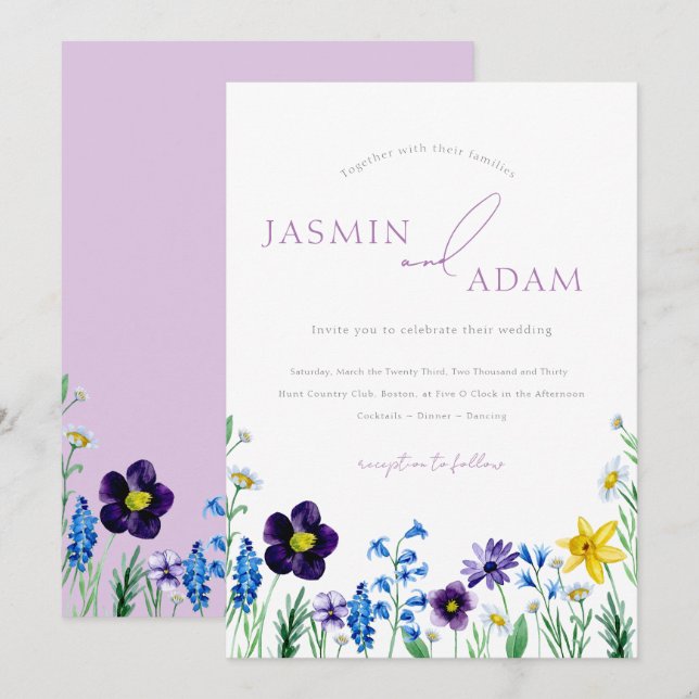 Elegant Lilac Blue Wildflower Monogram Wedding Invitation (Front/Back)