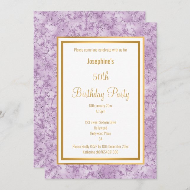 ELEGANT LILAC BORDER MARBLE  BIRTHDAY  INVITATION (Front/Back)