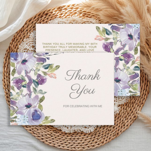 Elegant Lilac Dusty Blue Floral Birthday Thank You Card (Purple watercolor floral women's birthday party "Thank you" card)